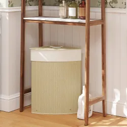 Cesto Ropa Sucia Bambú para Esquina 55L con Tapa y Asa Bolsa Extraíble Lavable 35x35x60 cm Crema - Ogal.Es