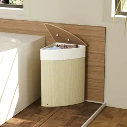 Cesto Ropa Sucia Bambú para Esquina 55L con Tapa y Asa Bolsa Extraíble Lavable 35x35x60 cm Crema - Ogal.Es