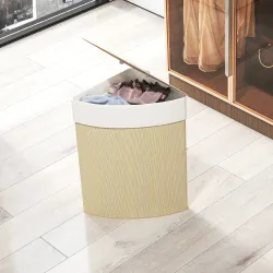 Cesto Ropa Sucia Bambú para Esquina 55L con Tapa y Asa Bolsa Extraíble Lavable 35x35x60 cm Crema - Ogal.Es