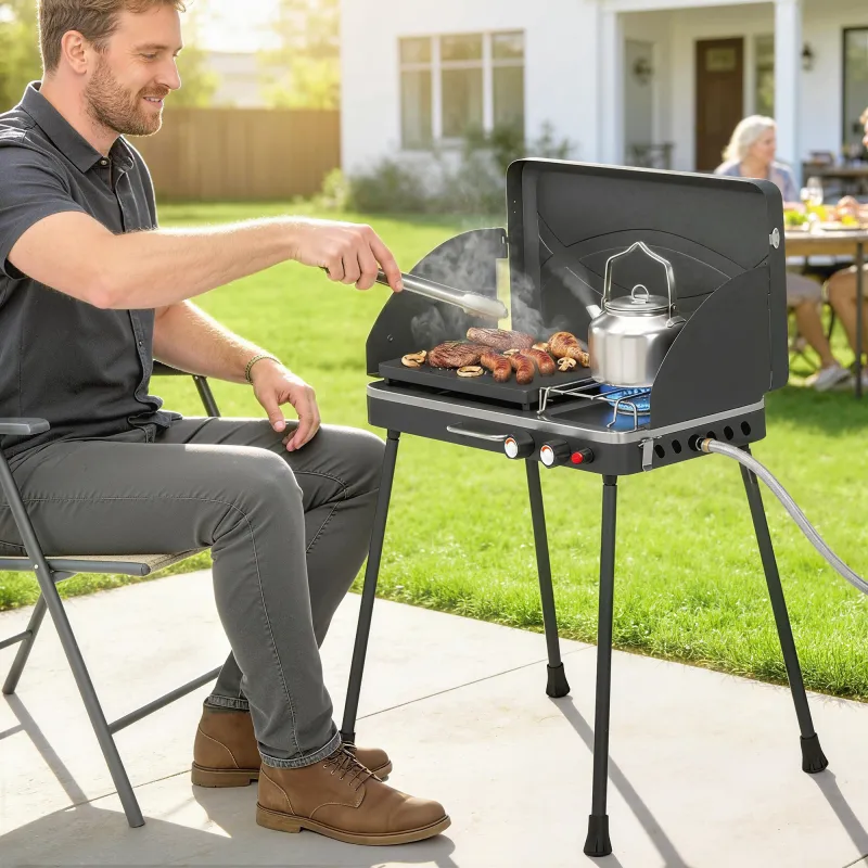 Barbacoa de Gas Portátil 2 en 1 Propano 7 kW de Mesa o de Pie con Plancha Grande Patas Desmontables Negro - Ogal.Es