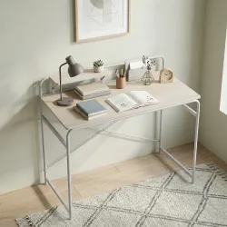 Mesa de Escritorio Moderno con Estante y Estructura de Metal Fácil Montaje 98x48x88,5 cm Roble - Ogal.Es