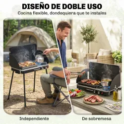 Barbacoa de Gas Portátil 2 en 1 Propano 7 kW de Mesa o de Pie con Plancha Grande Patas Desmontables Negro - Ogal.Es