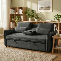 Sofá Cama 2 Plazas 3 en 1 con Mesa Auxiliar Portavasos Respaldo Ajustable Bolsillos Laterales 2 Almohadas Gris O... - Ogal.Es