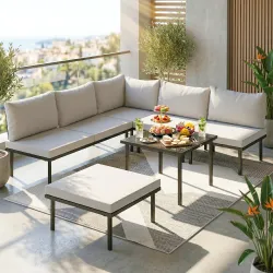 Conjunto de Jardín Exterior de 6 Piezas con Sofá 2 Plazas Módulo de Esquina 2 Sillones Reposapiés Mesa de Vidrio... - Ogal.Es