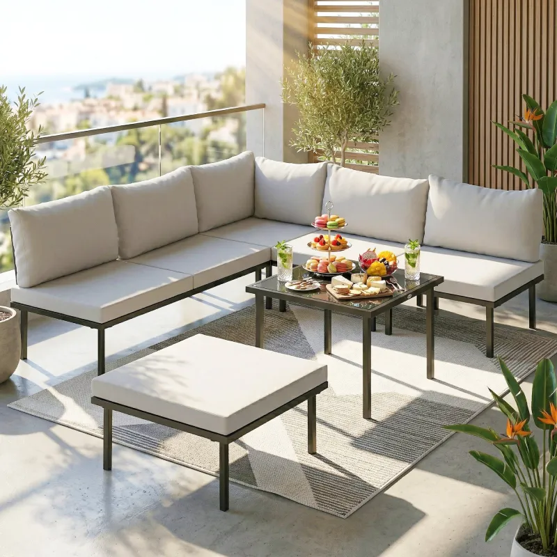 Conjunto de Jardín Exterior de 6 Piezas con Sofá 2 Plazas Módulo de Esquina 2 Sillones Reposapiés Mesa de Vidrio... - Ogal.Es