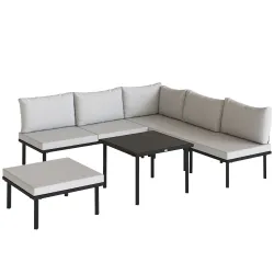 Conjunto de Jardín Exterior de 6 Piezas con Sofá 2 Plazas Módulo de Esquina 2 Sillones Reposapiés Mesa de Vidrio... - Ogal.Es