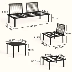 Conjunto de Jardín Exterior de 6 Piezas con Sofá 2 Plazas Módulo de Esquina 2 Sillones Reposapiés Mesa de Vidrio... - Ogal.Es