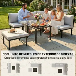 Conjunto de Jardín Exterior de 6 Piezas con Sofá 2 Plazas Módulo de Esquina 2 Sillones Reposapiés Mesa de Vidrio... - Ogal.Es