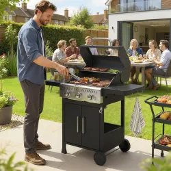 Barbacoa de Gas con 3 Quemadores 7,5 kW Termómetro Parrilla Plancha Mesas Laterales Armario Ruedas 125x57x110 cm... - Ogal.Es