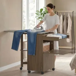 Armario Tabla de Planchar Plegable con Soporte para Plancha y Ropa con Compartimento Abierto,154x55x87 cm, Marrón - Ogal.Es