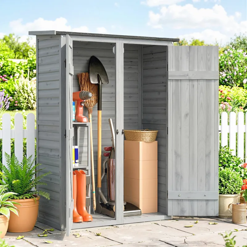 Caseta de Jardín de Madera 115x53x156 cm Armario para Herramientas con Puertas Dobles y Estantes Techo Inclinado... - Ogal.Es