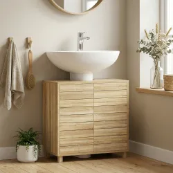 Mueble Bajo Lavabo con Estante Ajustable Puertas de Listones y Apertura por Presión para Lavabo con Pedestal o P... - Ogal.Es