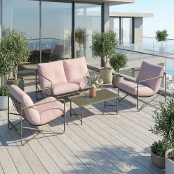 Conjunto de Jardín Exterior de 4 Piezas con Sofá de 2 Plazas 2 Sillones Mesa de Vidrio Templado Cojines Gruesos ... - Ogal.Es