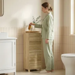 Mueble Auxiliar de Baño con Puerta de Listones 3 Estantes y Estante Ajustable Apertura por Presión 34x23x84 cm N... - Ogal.Es