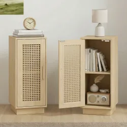 Conjunto de 2 Mesitas de Noche con Puerta de Ratán, Mesillas de Noche Estilo Boho Estante Ajustable Natural - Ogal.Es