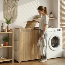 Cesto de Ropa Sucia de Bambú con Tapa 120L con 2 Bolsas con Cordón Extraíbles y Lavables Bolsillos Laterales Nat... - Ogal.Es