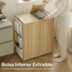 Cesto de Ropa Sucia de Bambú con Tapa 120L con 2 Bolsas con Cordón Extraíbles y Lavables Bolsillos Laterales Nat... - Ogal.Es