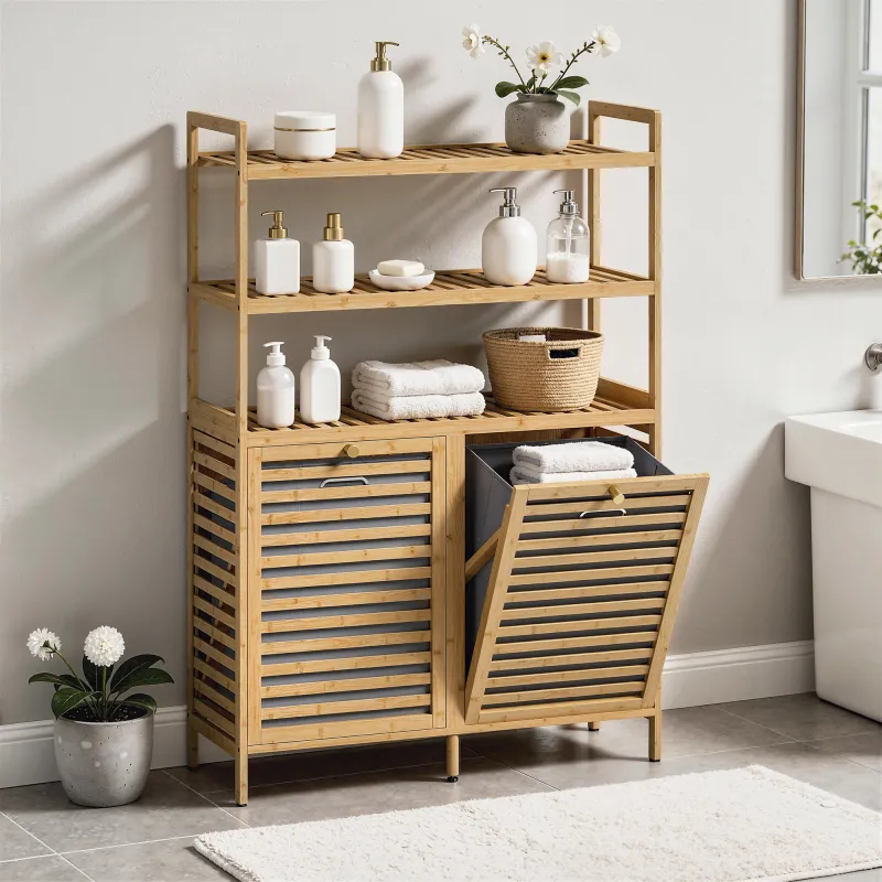 Mueble Ropa Sucia de Bambú con 2 Cestos para Ropa Sucia Inclinables 77,4 L y 3 Estantes 80x30x118 cm Roble - Ogal.Es