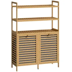 Mueble Ropa Sucia de Bambú con 2 Cestos para Ropa Sucia Inclinables 77,4 L y 3 Estantes 80x30x118 cm Roble - Ogal.Es