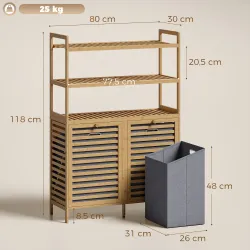 Mueble Ropa Sucia de Bambú con 2 Cestos para Ropa Sucia Inclinables 77,4 L y 3 Estantes 80x30x118 cm Roble - Ogal.Es