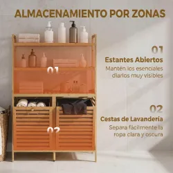 Mueble Ropa Sucia de Bambú con 2 Cestos para Ropa Sucia Inclinables 77,4 L y 3 Estantes 80x30x118 cm Roble - Ogal.Es