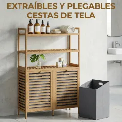 Mueble Ropa Sucia de Bambú con 2 Cestos para Ropa Sucia Inclinables 77,4 L y 3 Estantes 80x30x118 cm Roble - Ogal.Es