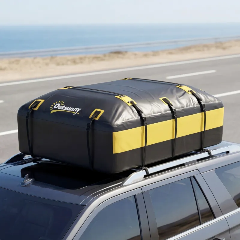 Bolsa de Techo para Coche 594L Impermeable con 6 Correas Alfombrilla Antideslizante Ganchos para Vehículos Amarillo - Ogal.Es