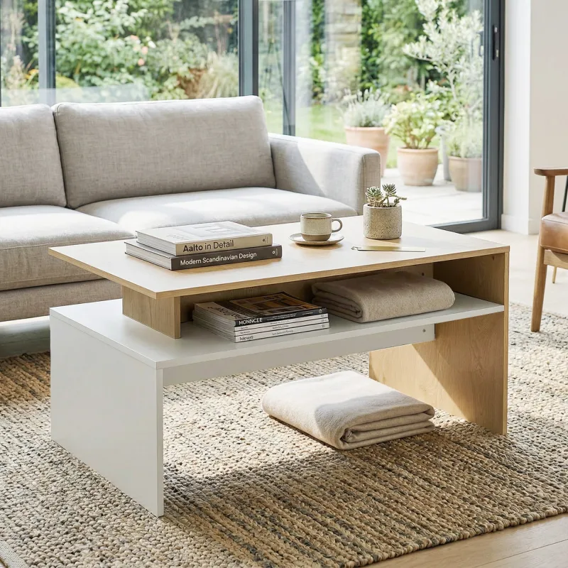 Mesa baja para Salón con Compartimento para Salón Sala de Estar 95x55x50 cm Natural y Blanco - Ogal.Es