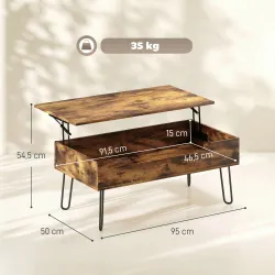 Mesa de Centro con Tapa Elevable Compartimento Oculto Patas de Acero 95x50x40 cm Marrón Rústico - Ogal.Es