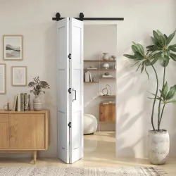 Puerta Corredera Plegable con Herrajes 91,4x213,4 cm con Rodillo Riel de Acero Guía de Suelo Manija Blanco - Ogal.Es