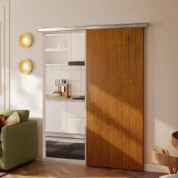 Puerta Corredera con Herrajes 90x210 cm con Rodillo Riel de Aluminio Guía de Suelo Marrón - Ogal.Es