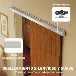 Puerta Corredera con Herrajes 90x210 cm con Rodillo Riel de Aluminio Guía de Suelo Marrón - Ogal.Es