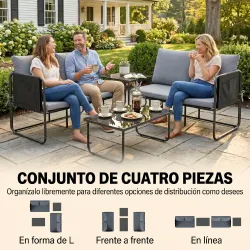 Conjunto Jardín Exterior de 4 Piezas con 2 Sofás 2 Plazas 2 Mesas de Vidrio Cojines Fundas Extraíbles y Bolsillo... - Ogal.Es