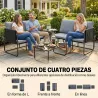 Conjunto Jardín Exterior de 4 Piezas con 2 Sofás 2 Plazas 2 Mesas de Vidrio Cojines Fundas Extraíbles y Bolsillo... - Ogal.Es