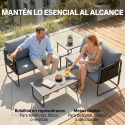 Conjunto Jardín Exterior de 4 Piezas con 2 Sofás 2 Plazas 2 Mesas de Vidrio Cojines Fundas Extraíbles y Bolsillo... - Ogal.Es