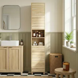 Armario Alto para Baño con Estantes Ajustables Puertas de Lamas Apertura por Presión 34x23x170 cm Natural - Ogal.Es