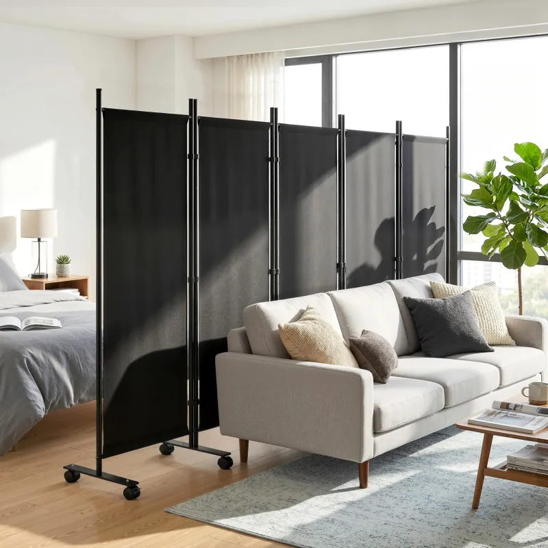Biombo Plegable de 5 Paneles con 12 Ruedas 252x170 cm Biombo Separador de Ambientes Montaje Personalizado Negro - Ogal.Es