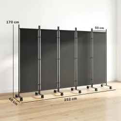 Biombo Plegable de 5 Paneles con 12 Ruedas 252x170 cm Biombo Separador de Ambientes Montaje Personalizado Negro - Ogal.Es