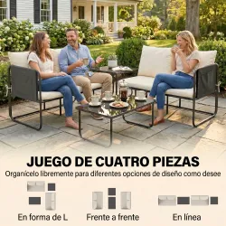 Conjunto Jardín Exterior de 4 Piezas con 2 Sofás 2 Plazas 2 Mesas de Vidrio Cojines Fundas Extraíbles y Bolsillo... - Ogal.Es