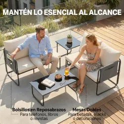 Conjunto Jardín Exterior de 4 Piezas con 2 Sofás 2 Plazas 2 Mesas de Vidrio Cojines Fundas Extraíbles y Bolsillo... - Ogal.Es
