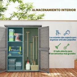 Armario de Jardín 0,83 m² 127x65x168 cm con 2 Puertas de Persiana 2 Estantes 2 Asas y Techo Impermeable Gris - Ogal.Es