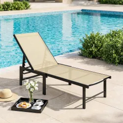 Tumbona Reclinable de Jardín Exterior con Respaldo Ajustable en 4 Posiciones y Marco de Acero 166x60x84 cm Caqui - Ogal.Es