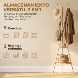 Perchero de Pie de Bambú Perchero para Ropa con 2 Estantes y 9 Ganchos Diseño Elegante 58,5x58,5x176 cm Natural - Ogal.Es