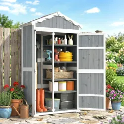 Caseta de Jardín de Madera 105x55x179 cm Armario para Herramientas con 4 Estantes Techo de Metal Galvanizado Gris - Ogal.Es