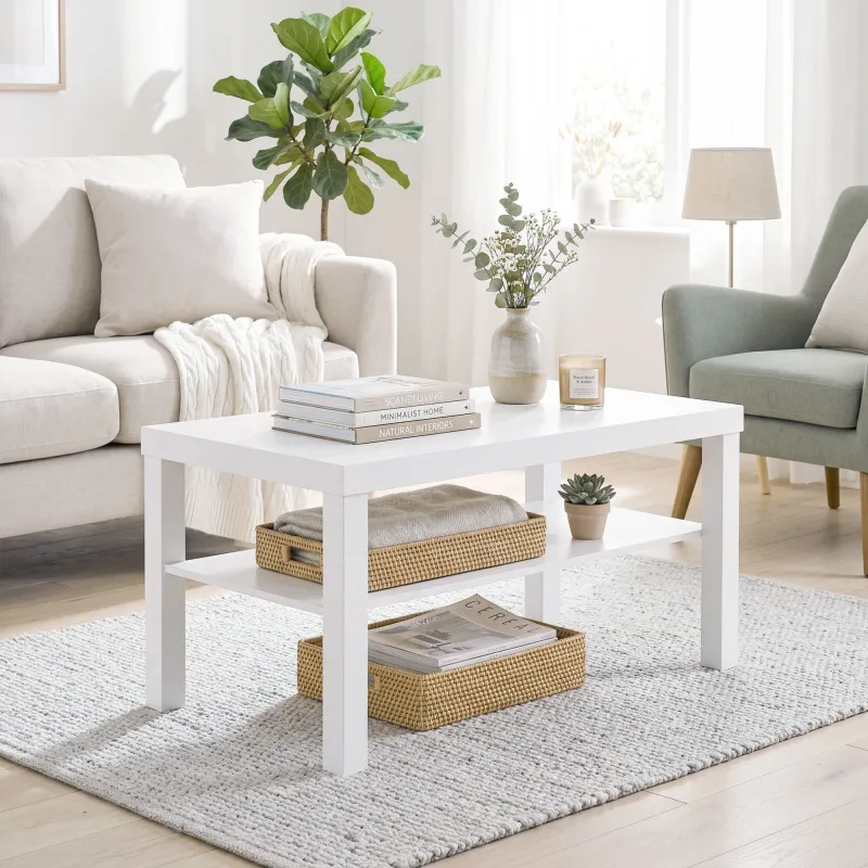 Mesa de Centro Mesa de Café para Salón con Estante Abierto Tablero Grueso para Salón Oficina 90x45x44,5 cm Blanco - Ogal.Es