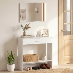 Recibidor de Entrada con Espejo Cajón y Estante Mueble de Recibidor para Pasillo 91,5x27,9x85,5 cm Blanco - Ogal.Es