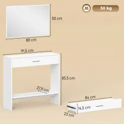 Recibidor de Entrada con Espejo Cajón y Estante Mueble de Recibidor para Pasillo 91,5x27,9x85,5 cm Blanco - Ogal.Es