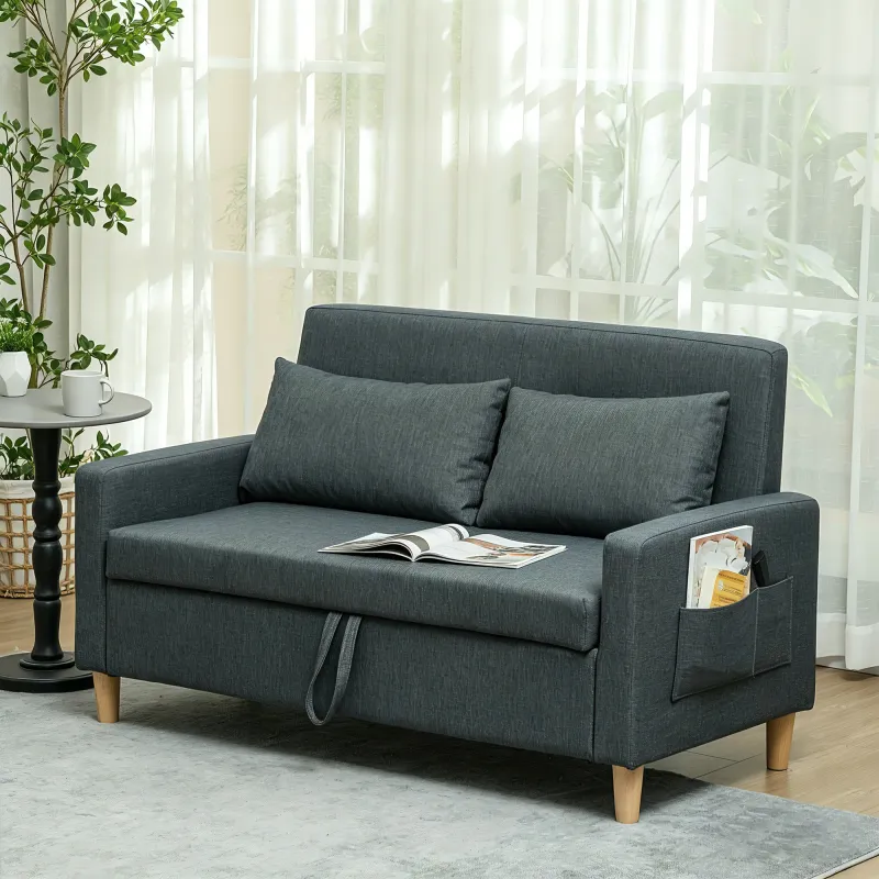 Sofá de 2 Plazas Tapizado en Lino Sintético con Espacio de Almacenaje 2 Almohadas y Patas de Madera 135x71x84 cm... - Ogal.Es