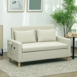 Sofá de 2 Plazas Tapizado en Lino Sintético con Espacio de Almacenaje 2 Almohadas y Patas de Madera 135x71x84 cm... - Ogal.Es