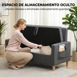 Sofá de 2 Plazas Tapizado en Lino Sintético con Espacio de Almacenaje 2 Almohadas y Patas de Madera 135x71x84 cm... - Ogal.Es